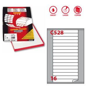 Etichetta adesiva C528 – permanente – c/angoli arrotondati – 145×17 mm – 16 etichette per foglio – bianco – Markin – scatola 100 fogli A4