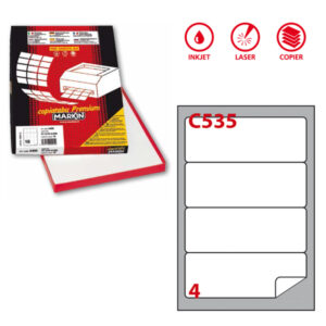 Etichetta adesiva C535 – permanente – c/angoli arrotondati – 190×61 mm – 4 etichette per foglio – bianco – Markin – scatola 100 fogli A4
