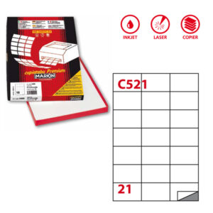 Etichetta adesiva C521 – permanente – 70×42,43 mm – 21 etichette per foglio – bianco – Markin – scatola 100 fogli A4
