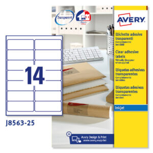 Etichetta in poliestere J8563 – adatta a stampanti inkjet – 99,1 x 38,1 mm – 14 etichette per foglio – trasparente – Avery –  conf. 25 fogli A4