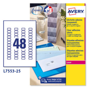 Etichetta in poliestere L7553 – adatta a stampanti laser – permanente – 22 x 12,7 mm – 48 etichette per foglio – trasparente – Avery – conf. 25 fogli A4