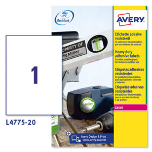 Etichetta in poliestere L4775 – adatta a stampanti laser – permanente – 210×297 mm – 1 etichetta per foglio – bianco – Avery – conf. 20 fogli A4