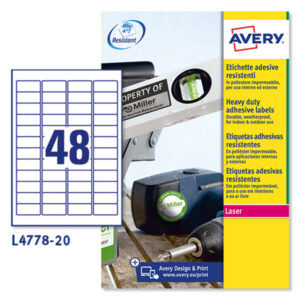 Etichetta in poliestere L4778 – adatta a stampanti laser – permanente – 45,7×21,2 mm – 48 etichette per foglio – bianco – Avery – conf. 20 fogli A4