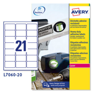 Etichetta in poliestere L7060 – adatta a stampanti laser – permanente – 63,5×38,1 mm – 21 etichette per foglio – bianco – Avery – conf. 20 fogli A4