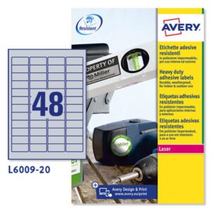 Etichetta in poliestere L6009  – adatta a stampanti laser – permanente – 45,7×21,2 mm – 48 etichette per foglio – argento – Avery – conf. 20 fogli A4