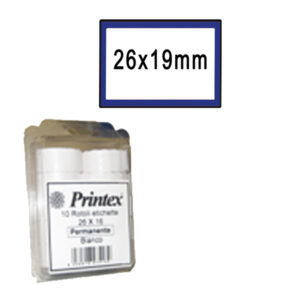 Rotolo da 600 etichette per Printex Z 17 – 26×19 mm – adesivo permanente – bianco – cornice blu – Printex – nero – pack 10 rotoli