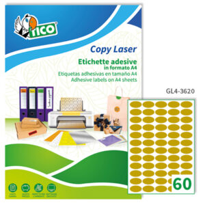 Etichetta adesiva GL4 – ovale – permanente – 36×20 mm – 60 etichette per foglio – satinata oro – Tico – conf. 100 fogli A4