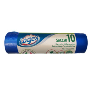 Sacchi per immondizia – 70×110 cm – 120 L – 16 micron – azzurro – Logex Professional – rotolo da 10 sacchetti