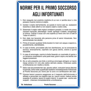 Cartello segnalatore – 33,3×47 cm – NORME DI PRIMO SOCCORSO AGLI INFORTUNATI – alluminio – Cartelli Segnalatori