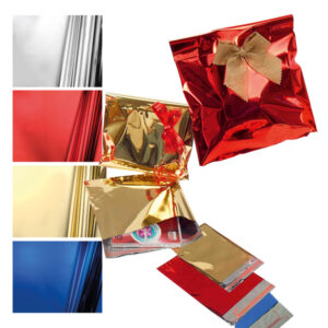Buste regalo in PPL – metal lucido – oro – 35 x 50 + 5cm – con patella adesiva – PNP – conf. 50 buste