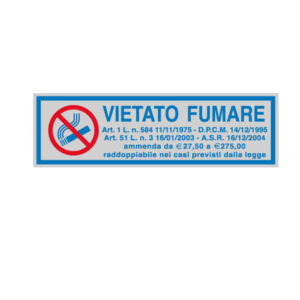Targhetta adesiva – VIETATO FUMARE (con normativa) – 165×50 mm – Cartelli Segnalatori