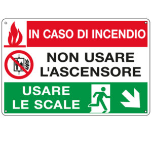 Cartello segnalatore multisimbolo – 30×20 cm – IN CASO DI INCENDIO NON USARE L’ASCENSORE… – alluminio – Cartelli Segnalatori