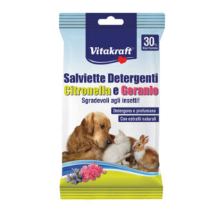 Salviette detergenti per pelo di animali (cani, gatti, roditori) – citronella e geranio – Vitakraft – conf. 30 pezzi
