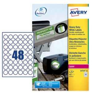 Etichetta in poliestere adesivo L4716 – adatta a stampanti laser – diametro 30 mm – 48 et/fg – bianco – Avery – conf. 20 fogli A4
