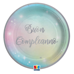 Piatto Soft Rainbow – Buon Compleanno – diametro 24 cm – carta – Big Party – conf. 8 pezzi