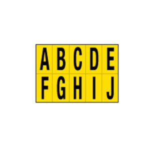 Lettera adesiva da A a J – PVC – 56 x 99 mm – 10 et/fg – 1 foglio – nero/giallo
