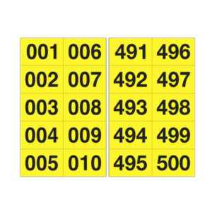 Numero adesivo da 001 a 500 – 45 x 24 mm – 10 et/fg – 50 fogli – nero/giallo