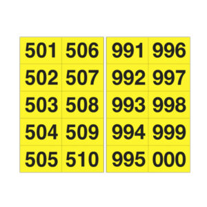 Numero adesivo da 501 a 999 – 45 x 24 mm – 10 et/fg – 50 fogli – nero/giallo